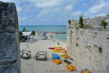 Beach canoes & 2 person Water Bikes of Snorkel Park Beach seen from Bermuda Maritime Museum.jpg